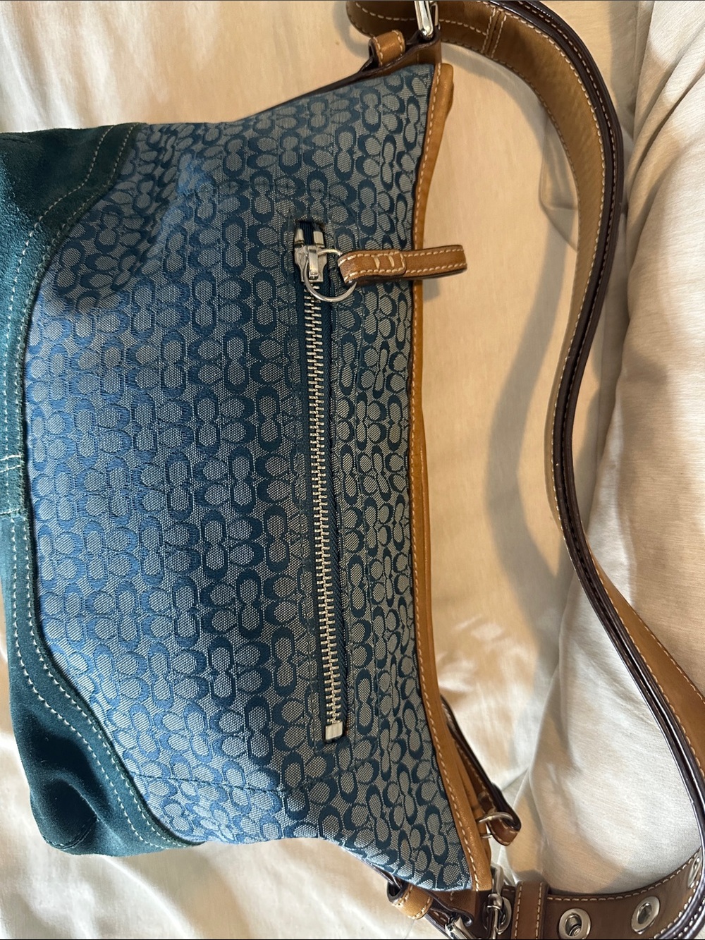 Coach Teal Signature Canvas Shoulder Bag with Dark Teal Suede Trim - Picture 7 of 9